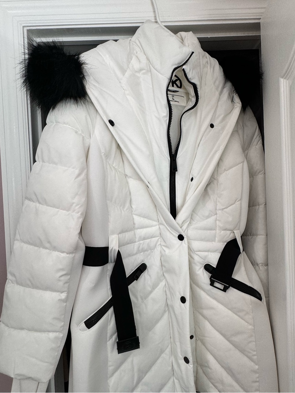 Michael Kors White Quilted Hooded Winter Coat with Black Trim